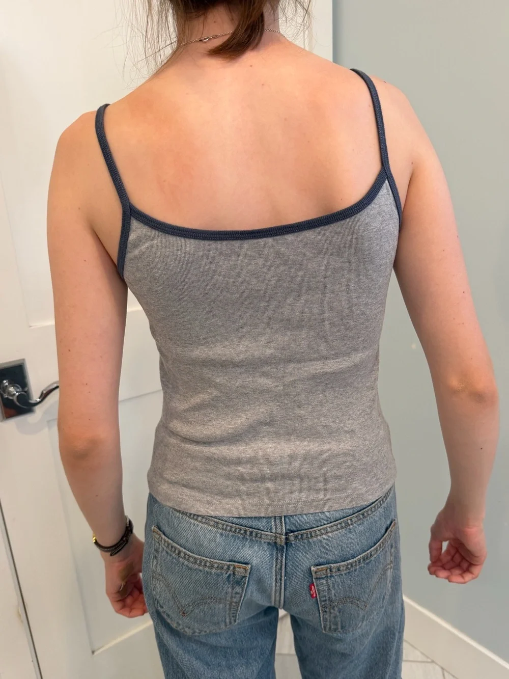 Brandy Melville Grey Ribbed Tank Top with Navy Trim and Teddy Embroidery - Picture 4 of 4